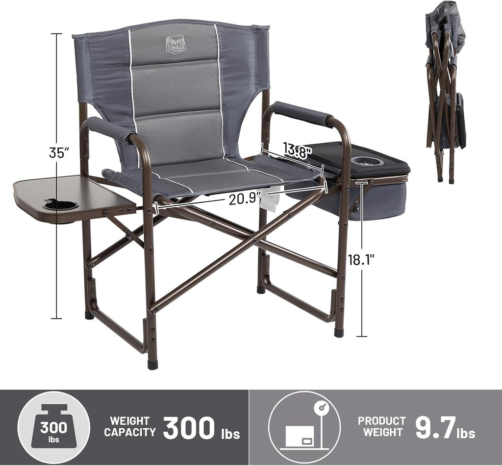 Timber Ridge Folding Camping Chair with Cooler Bag, Director Chair Foldable with Side Table for Adults, Camp Chairs for Outdoor, Lawn, Sports, Fishing, Heavy Duty Supports 300lbs, Grey-2 Pack