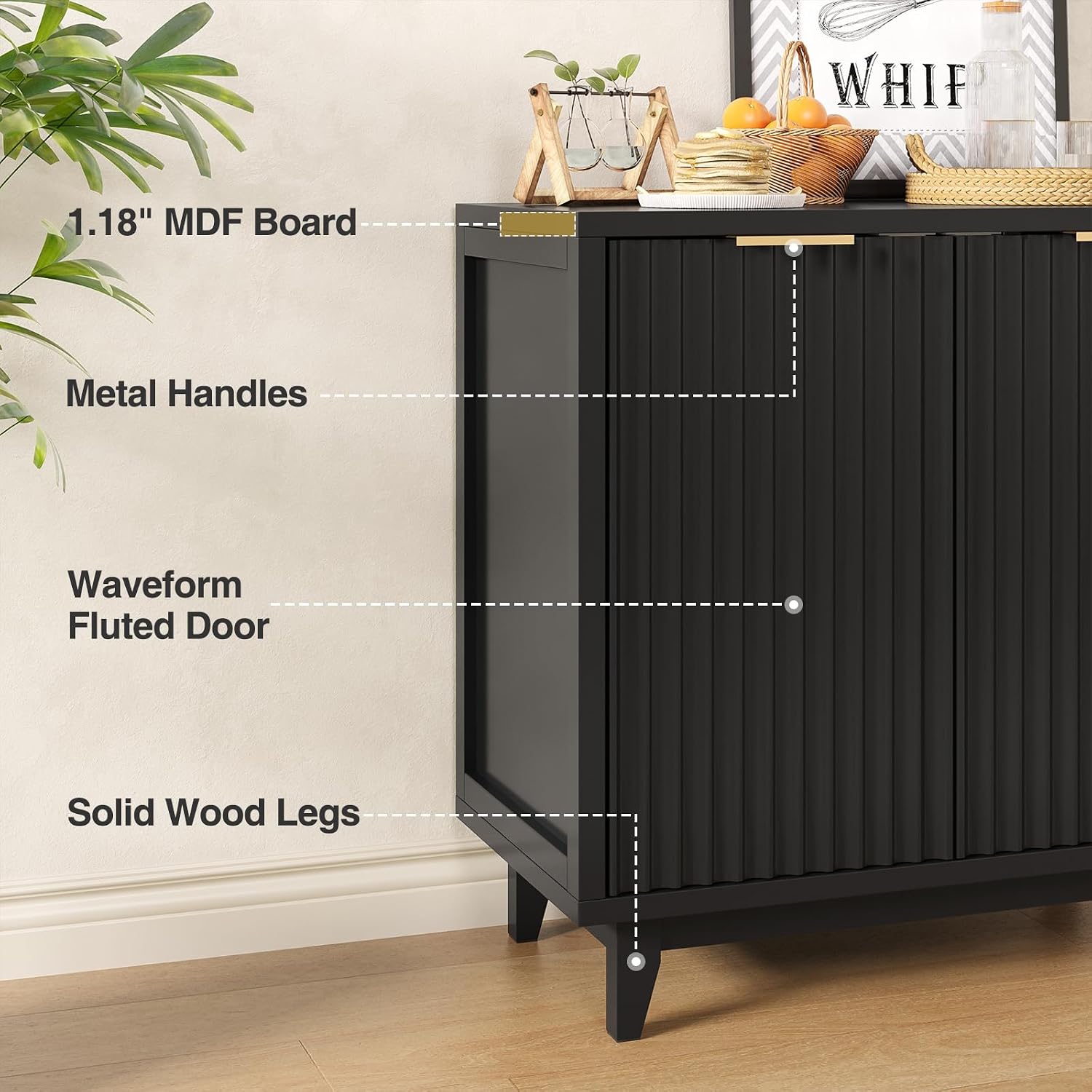 Vabches Modern Fluted Buffet Cabinet with Storage, 31.5" W Sideboard with Solid Wood Legs and Adjustable Shelf, Black Accent Cabinet for Kitchen, Living Room