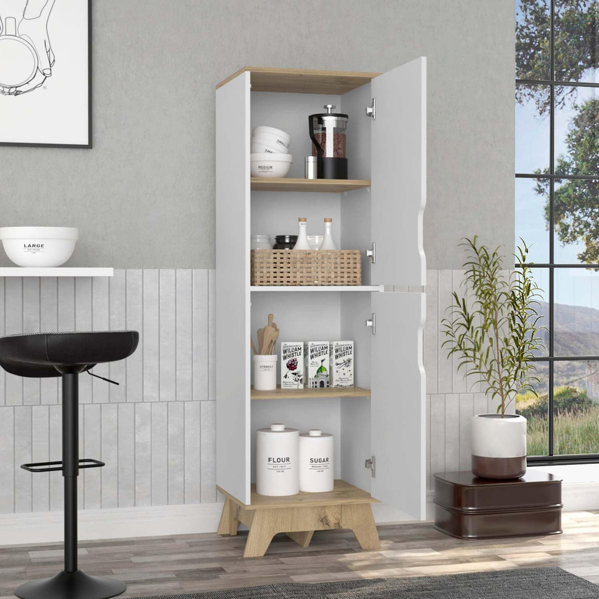 British Single Kitchen Pantry, Four Storage Shelves, Double Doors Cabinets for Kitchen Organization & Stylish Storage Solutions