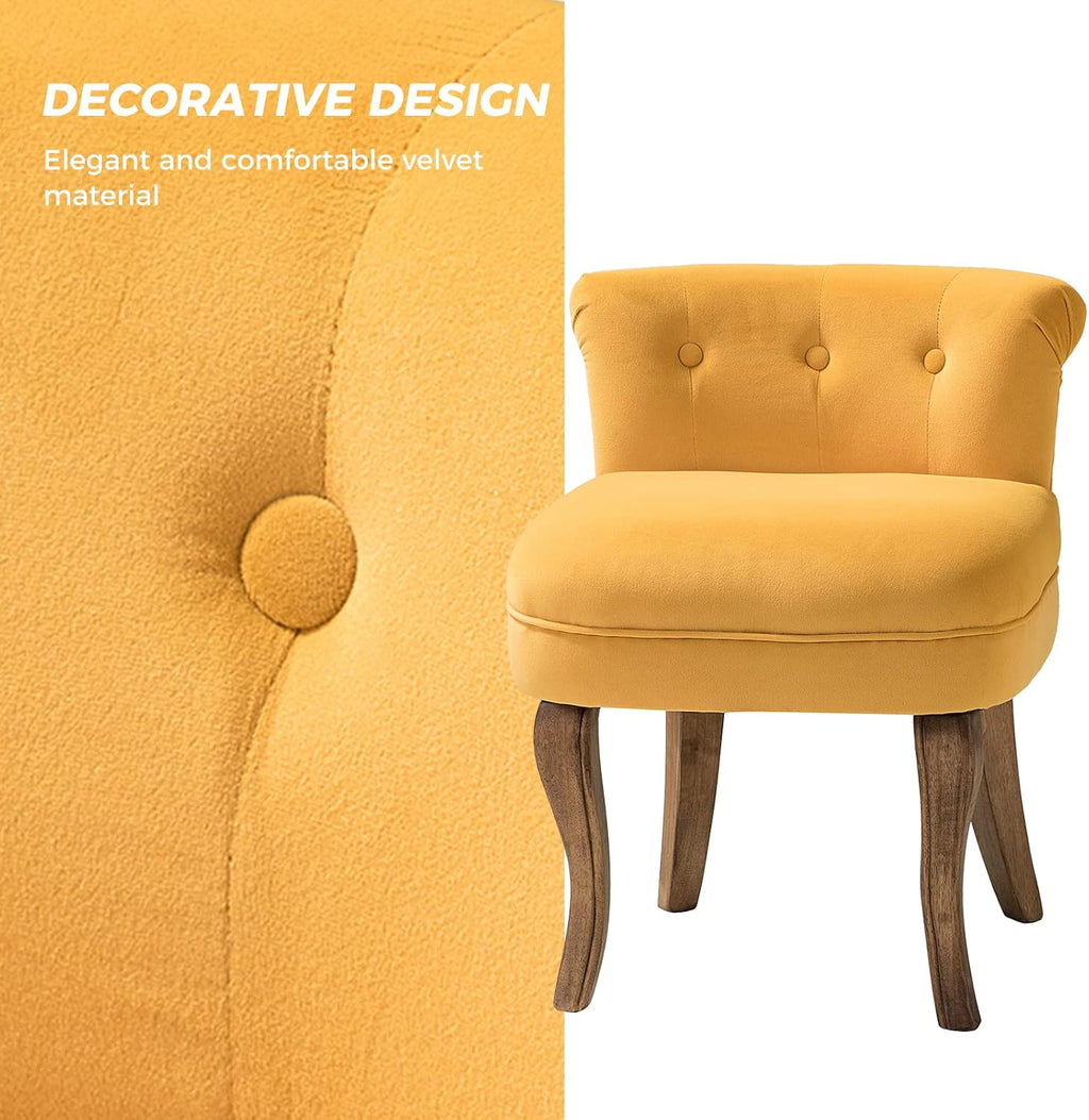 HULALA HOME Velvet Vanity Stool with Low Back, Mustard | Small Modern Vanity Chair with Solid Wood Legs for Women Girls, Bedroom, Dressing Table