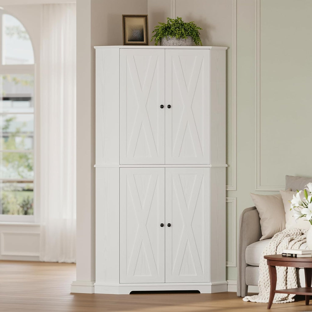 IRONCK Corner Cabinet, 72" Farmhouse Pantry Storage Cabinet, White | 6 Tiers Kitchen Pantry with 2 Adjustable Shelves, 240° Swivel Doors and Storage Rack for Kitchens, Dining rooms, Living rooms