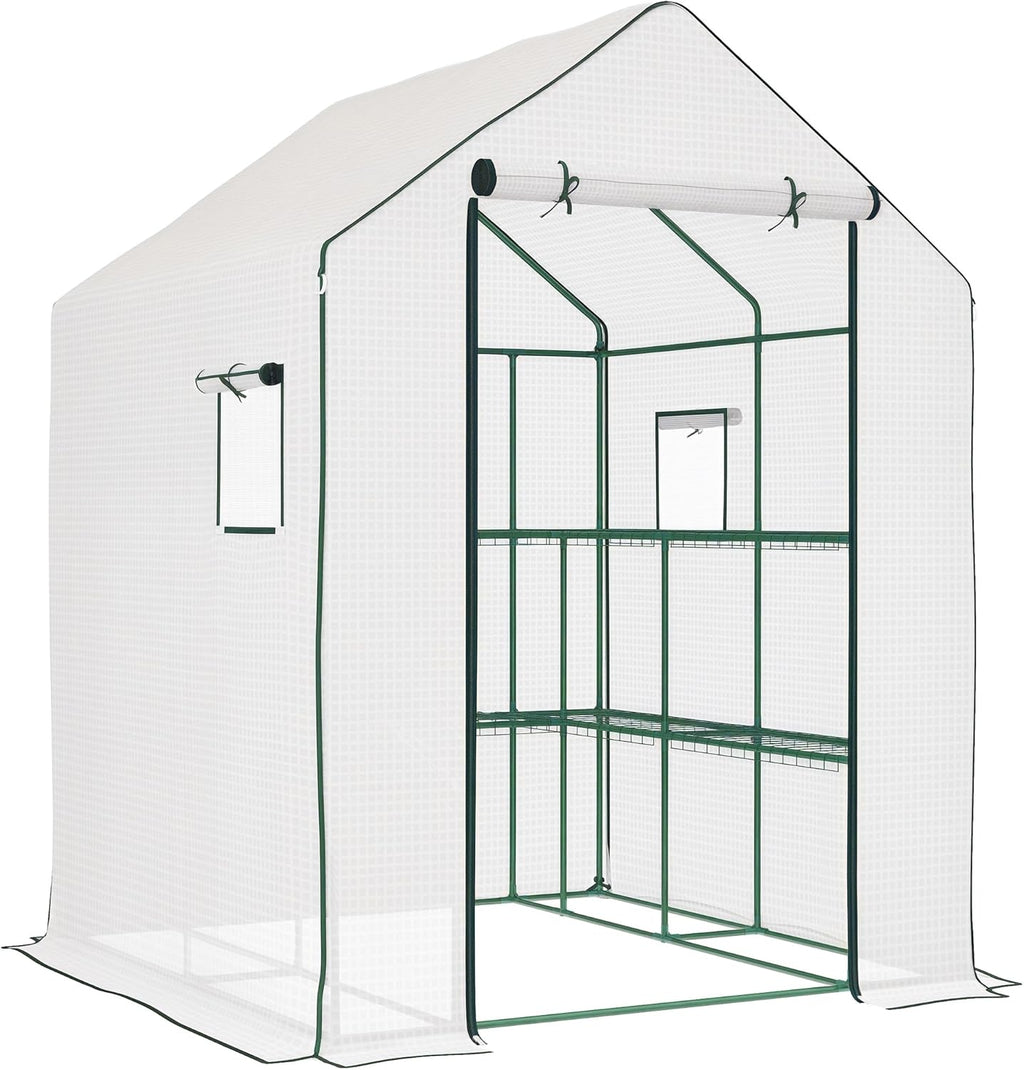 Outsunny 4.6' x 4.7' Portable Greenhouse, Water/UV Resistant Walk-in Small Outdoor Green House with 2 Tier U-Shaped Flower Rack Shelves, Roll Up Door & Windows, White