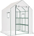 Outsunny 4.6' x 4.7' Portable Greenhouse, Water/UV Resistant Walk-in Small Outdoor Green House with 2 Tier U-Shaped Flower Rack Shelves, Roll Up Door & Windows, White