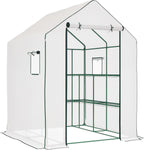 Outsunny 4.6' x 4.7' Portable Greenhouse, Water/UV Resistant Walk-in Small Outdoor Green House with 2 Tier U-Shaped Flower Rack Shelves, Roll Up Door & Windows, White