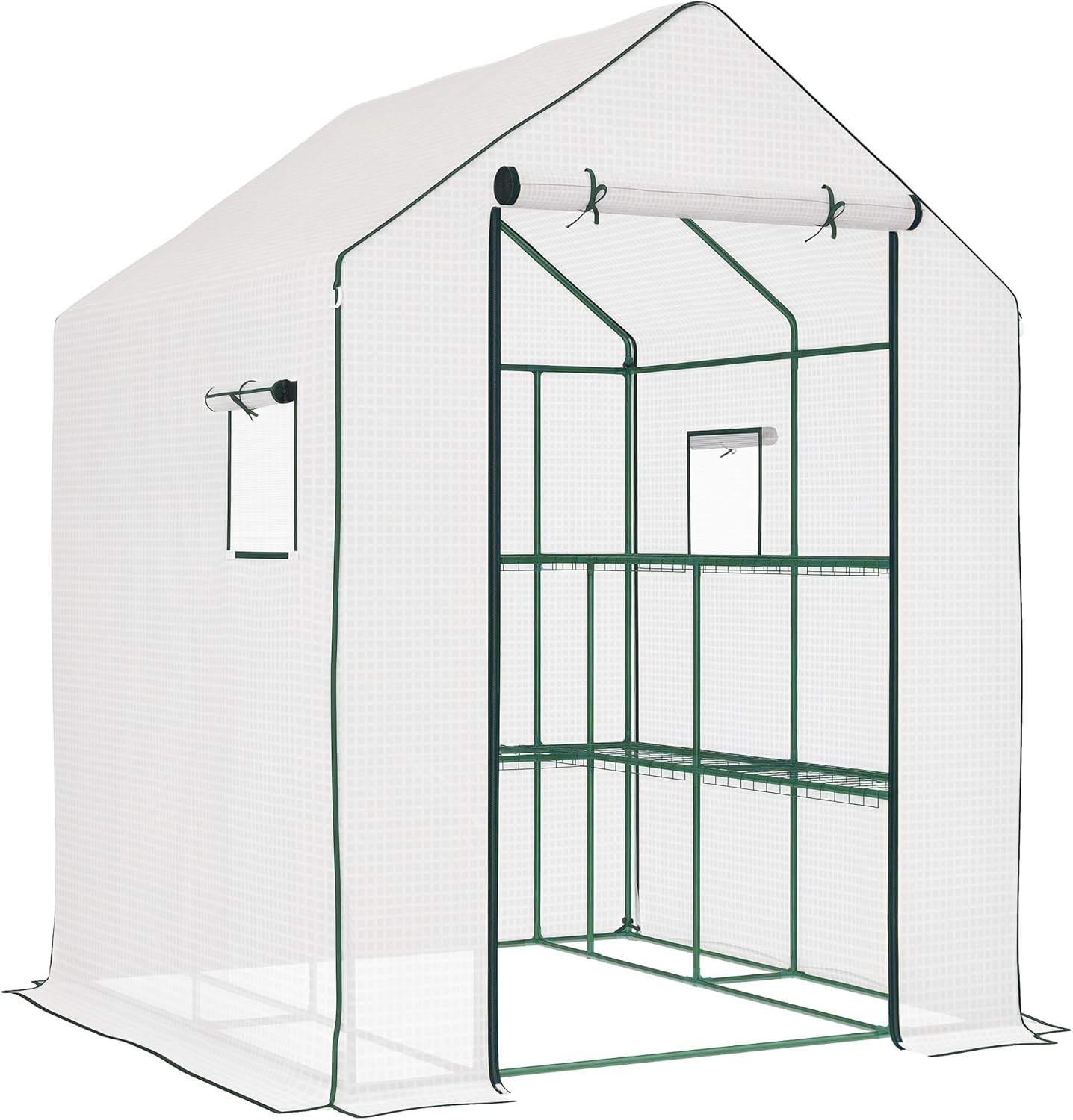 Outsunny 4.6' x 4.7' Portable Greenhouse, Water/UV Resistant Walk-in Small Outdoor Green House with 2 Tier U-Shaped Flower Rack Shelves, Roll Up Door & Windows, White
