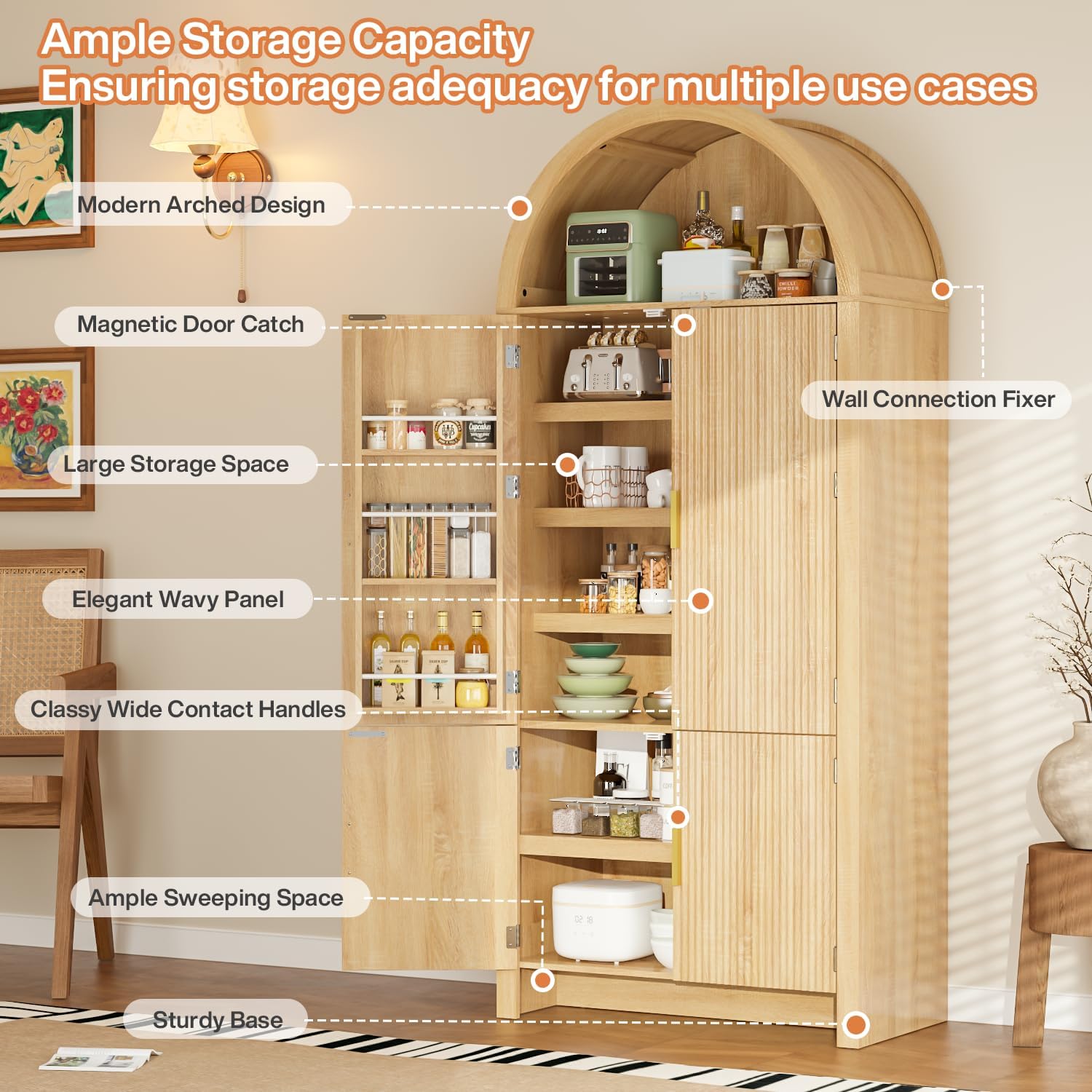 PRETZI 71" Tall Arched Pantry Cabinet, Arched Fluted Kitchen Storage Cabinet with Doors and Adjustable Shelves, Modern Natural Wood Cupboard Organizer for Kitchen, Dining Room, Living Room