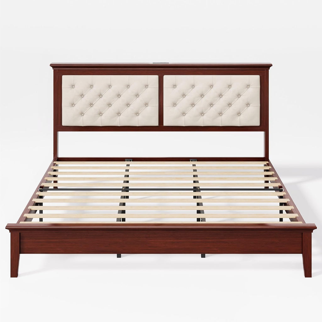 Lifezone Solid Wood King Bed Frame 46” Tall Diamond-Tufted Upholstered Headboard, American Classic Flat-Top Bed, Stable Structure, Wood Slats Support, Noise-Free, No Box Spring Needed,Reddish Brown
