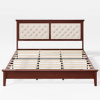 Lifezone Solid Wood King Bed Frame 46” Tall Diamond-Tufted Upholstered Headboard, American Classic Flat-Top Bed, Stable Structure, Wood Slats Support, Noise-Free, No Box Spring Needed,Reddish Brown