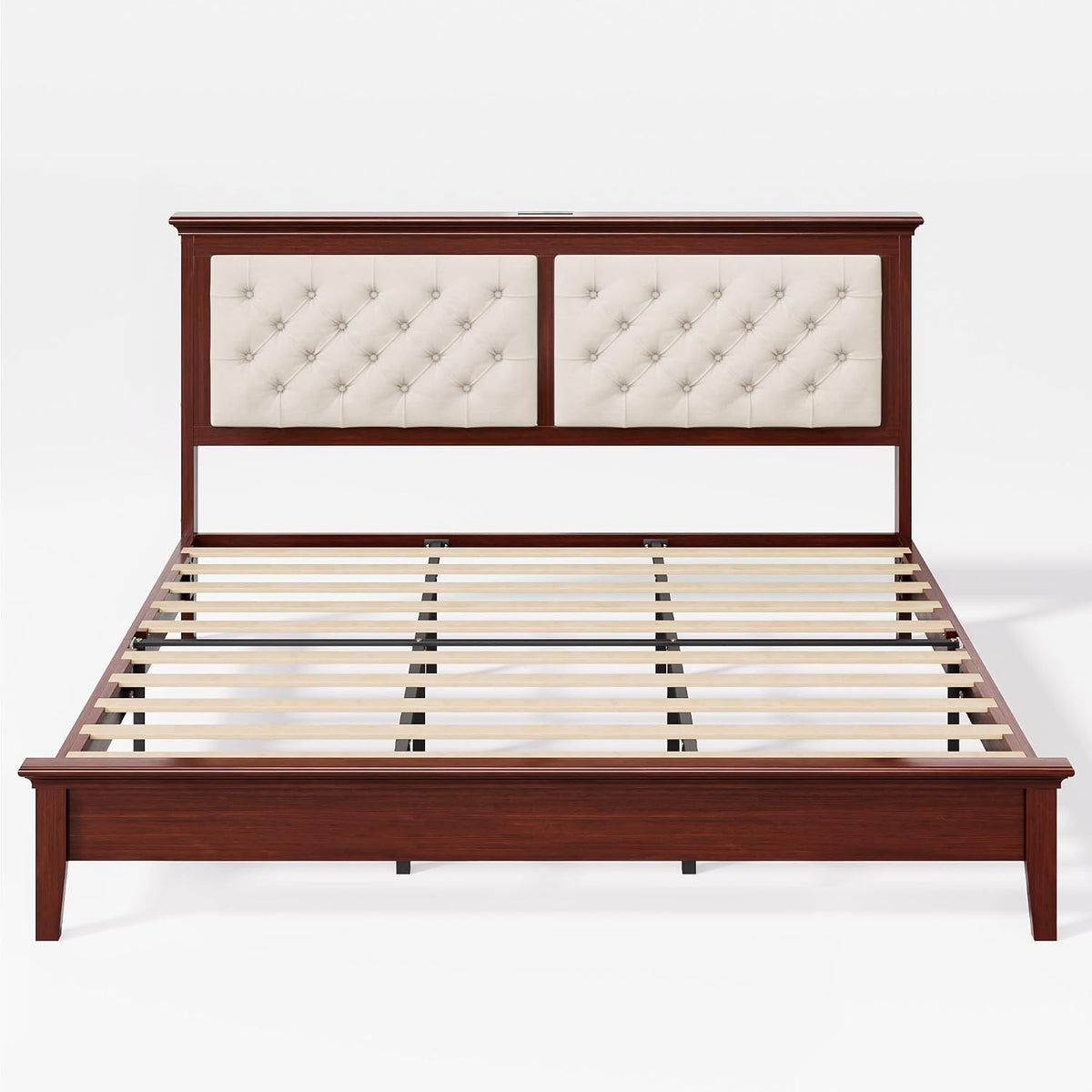 Lifezone Solid Wood King Bed Frame 46” Tall Diamond-Tufted Upholstered Headboard, American Classic Flat-Top Bed, Stable Structure, Wood Slats Support, Noise-Free, No Box Spring Needed,Reddish Brown