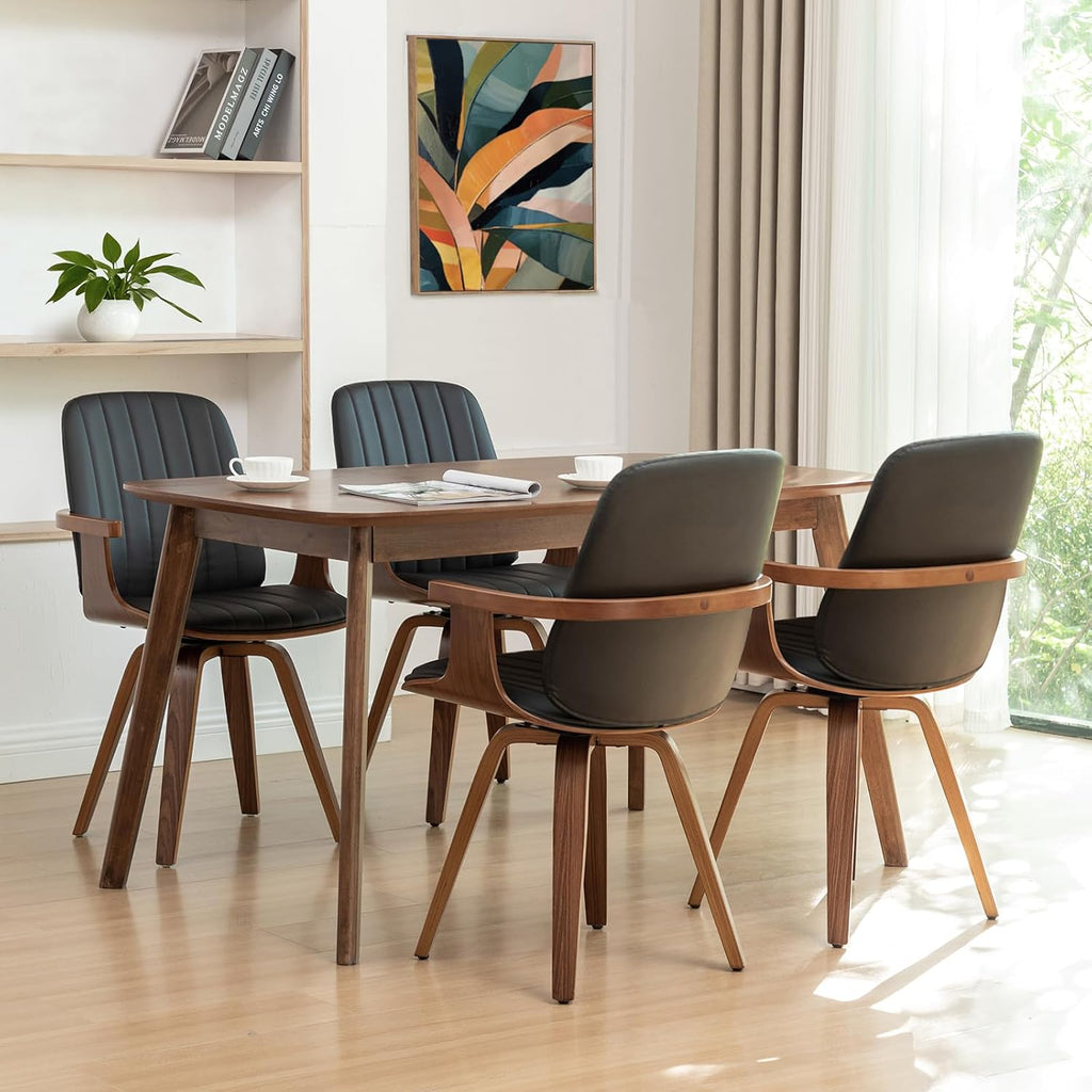WUPOTO Swivel Dining Chairs, Set of 4 Kitchen Swivel Chairs with Walnut Craftsmanship, Upholstered Faux Leather, Wooden Arms and Legs, Walnut Dining Chairs for Kitchen/Living Room - Black