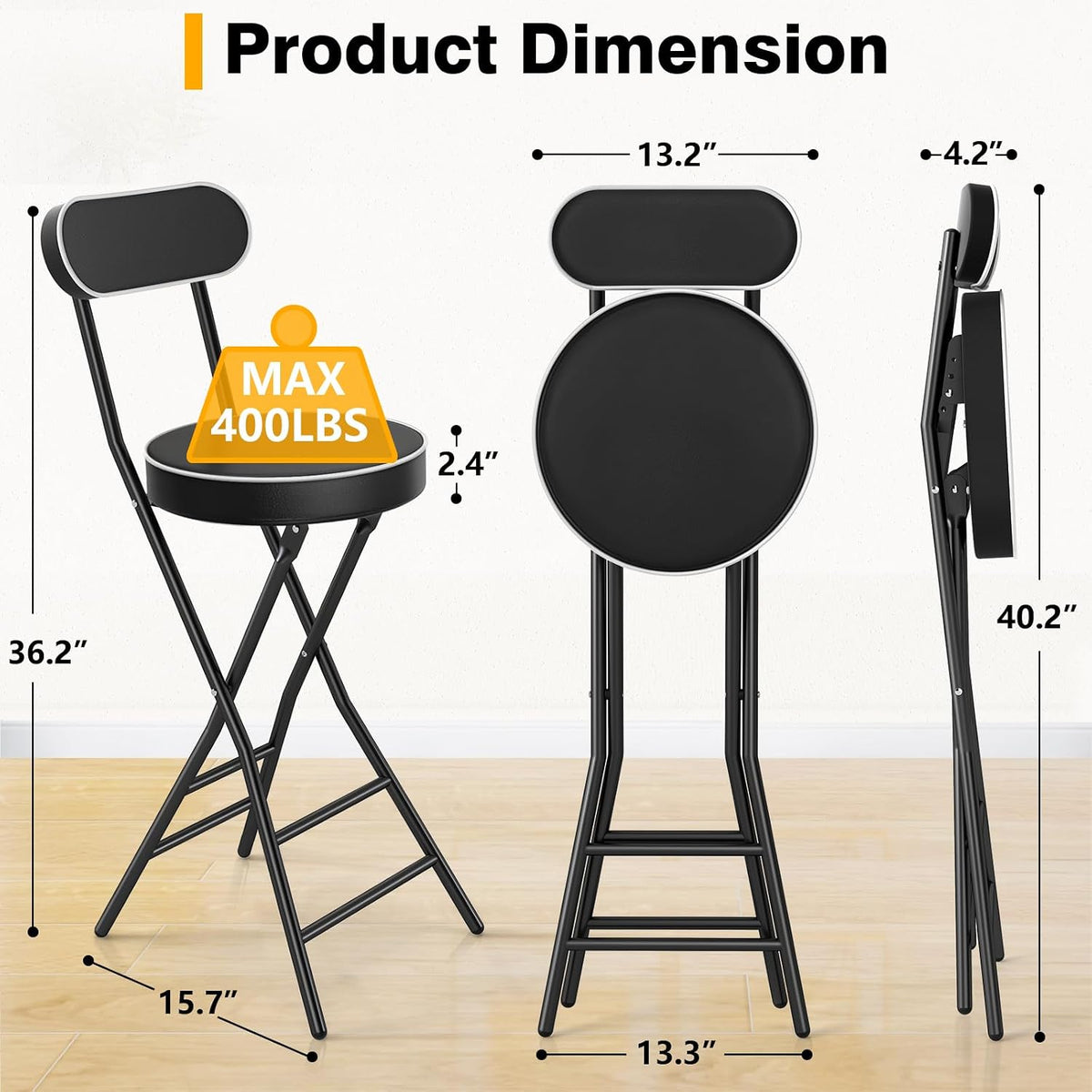 Folding Stool with Back Support, 24 Inch Portable Collapsible Bar Stool | with Padded Seat, Cushioned Foldable Chair for Kitchen, Camping, Adults & Indoor Outdoor Use