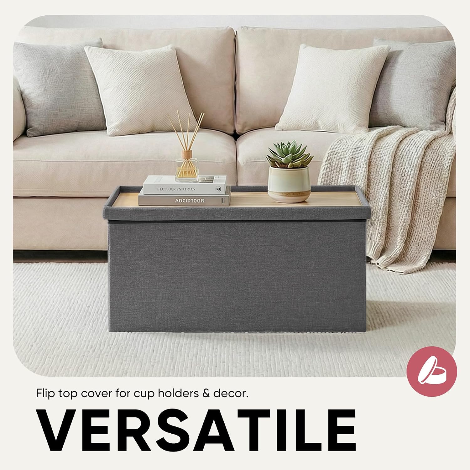 30 Inch Folding Storage Ottoman with Reversible Lid Coffee Table, Linen Fabric Multi-Functional Foot Rest & Seat for Living Room, Bedroom Grey