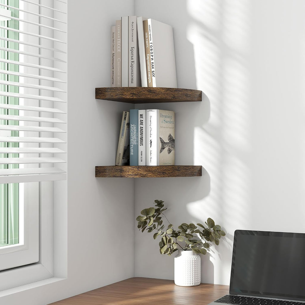 Fun Memories Floating Corner Shelves Set of 2 - Rustic Wood Wall Mounted Storage and Display Shelves for Living Room, Bedroom, Kitchen, Bathroom - Space Saving Home Decor, Brown