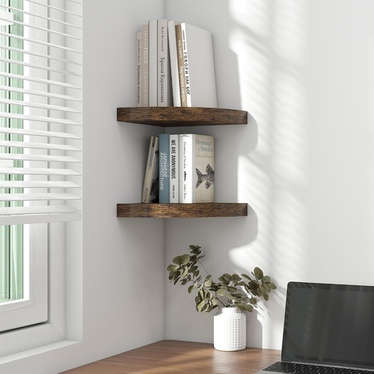 Fun Memories Floating Corner Shelves Set of 2 - Rustic Wood Wall Mounted Storage and Display Shelves for Living Room, Bedroom, Kitchen, Bathroom - Space Saving Home Decor, Brown