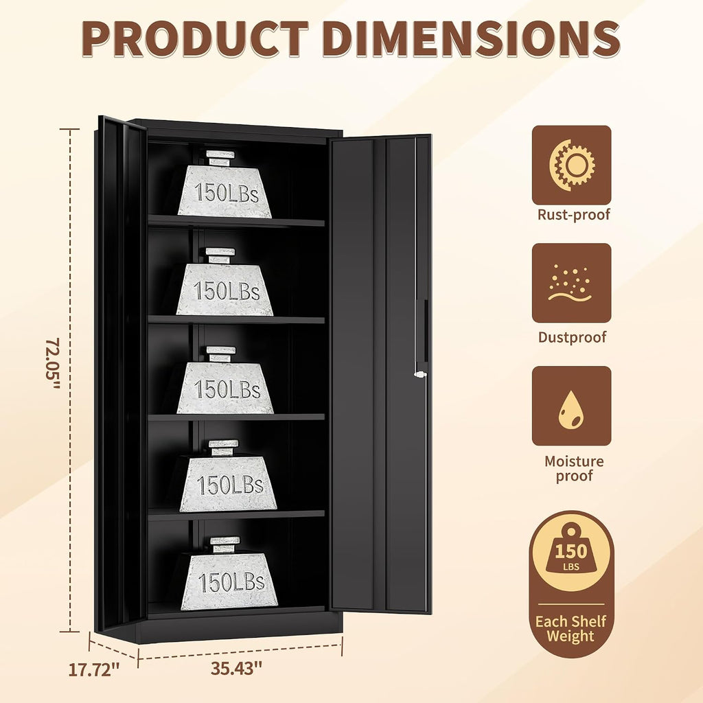 Storage Cabinet with 2 Doors and 4 Adjustable Shelves - 72" H Garage Storage Cabinet with Lock, Metal Storage Cabinet, Tool Cabinet Utility Cabinets for Home Office, Garage, Shop, Warehouse