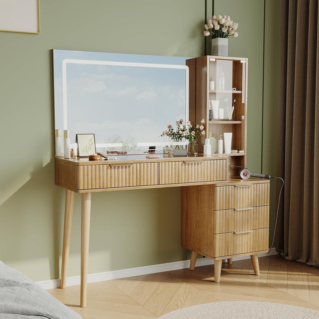 Fluted Vanity Desk with 36" LED Mirror, 48" Modern Makeup Table with Charging Station, Glass Door Display Cabinet & Tempered Glass Top, 5 Drawers and 3-Tier Shelves for Bedroom (Natural Oak)