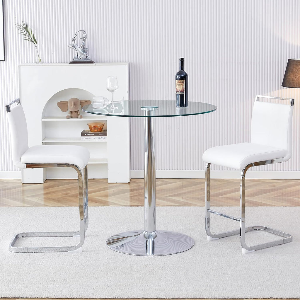 3 Pecies Round Glass Dining Table Set for 2, Small Circle Kitchen Table with Metal Base and White Upholstered Seat High Back PU Leather Chairs, Modern Dining Table and Chairs for livingroom