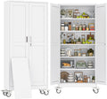 75" H Metal Pantry Storage Locker Cabinet with Wheels,Rolling Kitchen Pantry Cabinet with 2 Doors and 5 Adjustable Shelves, Lockable Steel Garage Tool Cabinet Organization for Home,Gym,School,White