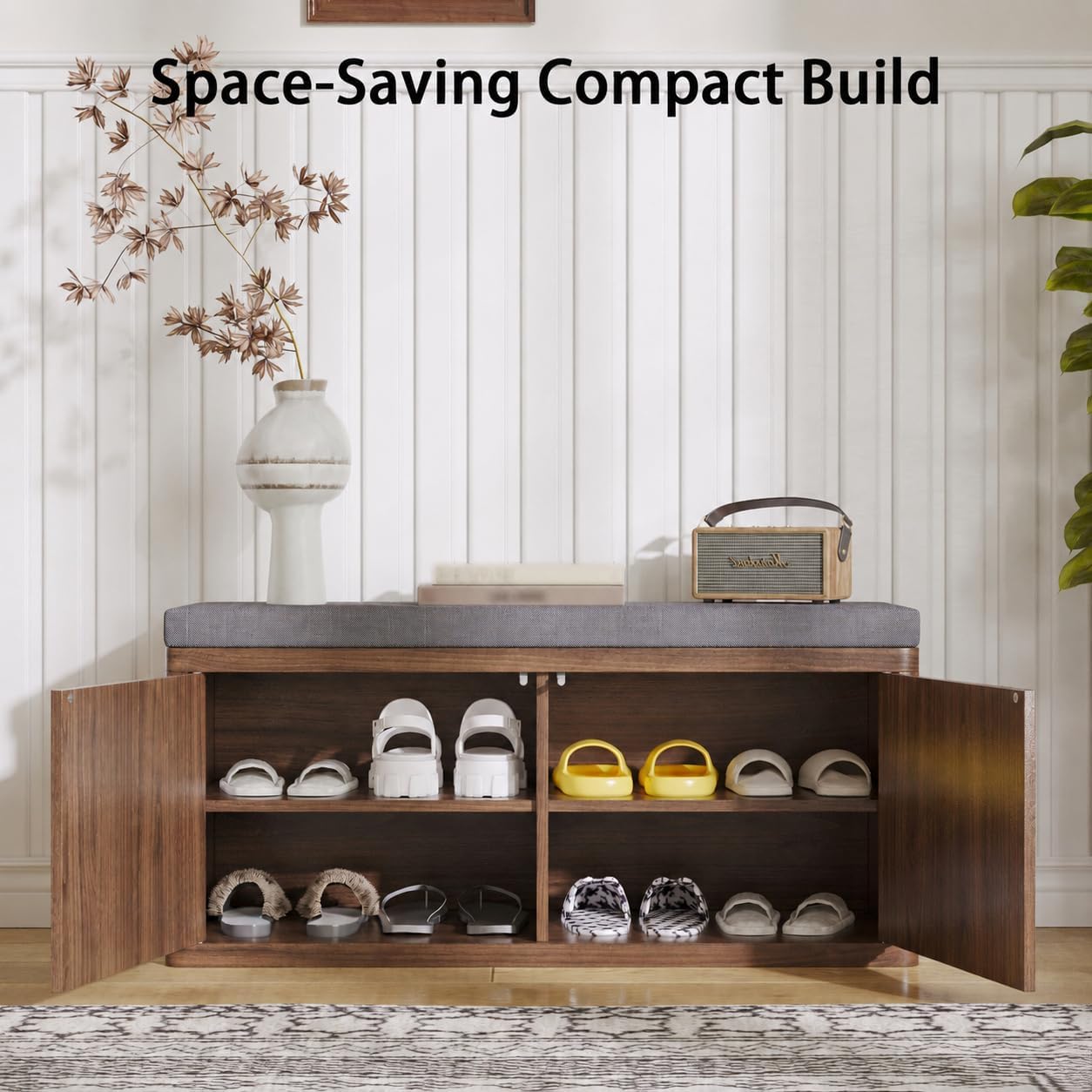 Entryway Shoe Storage Bench with 2" Cushion, 37.4" Small Bench with Shoe Rack, Cabinet Organizer for Hallway, Bedroom End of Bed (Walnut)