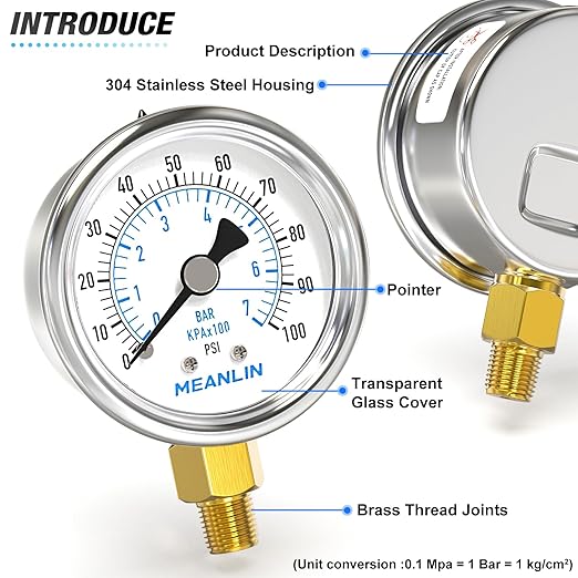MEANLIN MEASURE 0~100Psi Dry Pressure Gauge Stainless Steel 1/8" NPT 2" FACE DIAL Waterproof for Well Pump Water Tire Water Pressure Tester Lower Mount with 1/4" NPT and 3/8" NPT Hex Bushing
