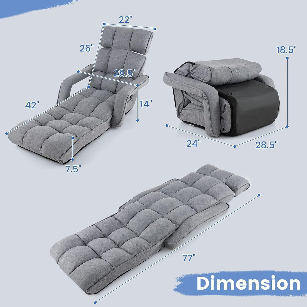 DORTALA Foldable Lazy Floor Sofa, Indoor Chaise Lounge Sofa, 6-Position Folding Padded Lounger Bed with Adjustable Armrest, Backrest and Footrest for Living Room, Bedroom, Office, Gray