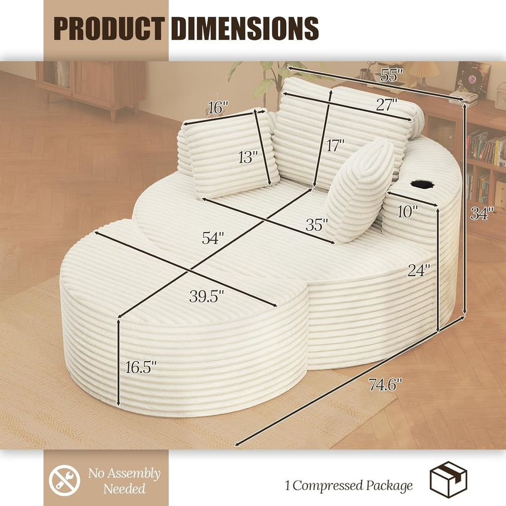 Round Chaise Lounge with Ottoman, Cloud Corduroy Curved Reading Lounge Sofa Chair with Cup Holders, Circle Memory Foam Chaise Chair and Ottoman Set for Study, Living Room, Sunroom, Beige
