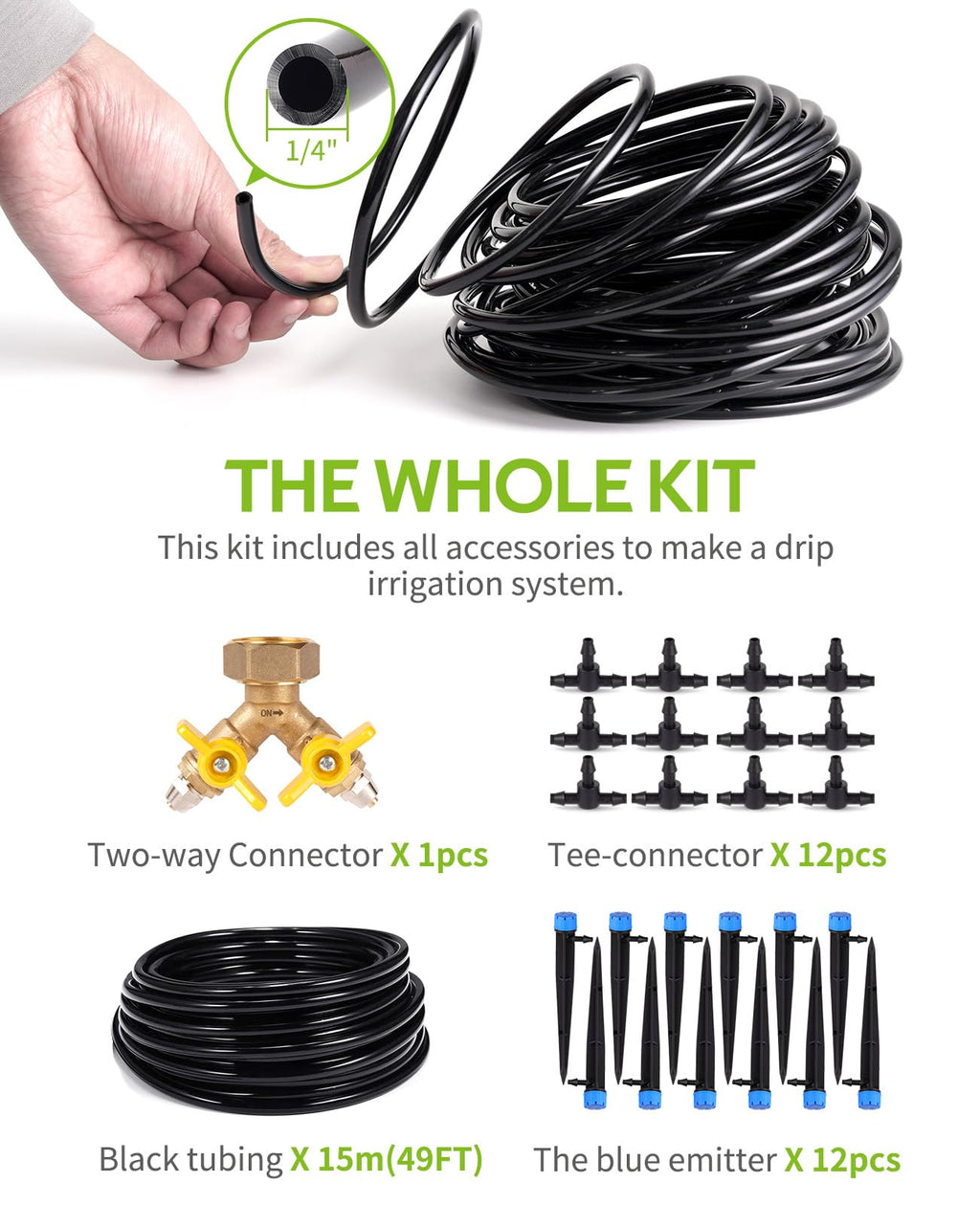 HIRALIY 50ft Drip Irrigation Kit Plant Watering System 8x5mm Blank Distribution Tubing DIY Automatic Irrigation Equipment Set for Garden Greenhouse Flower Bed Patio Lawn