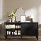 Large Buffet Sideboard Cabinet with Storage,60" Modern Cedenzas Buffet Table American Farmhouse Charm Cabinet with 4 Symmetrical Sunburst Doors for Living Room Hallway, Antique Black