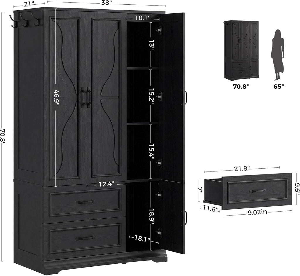 LIKIMIO Armoire Wardrobe Closet with 4 Doors and Drawers, Black