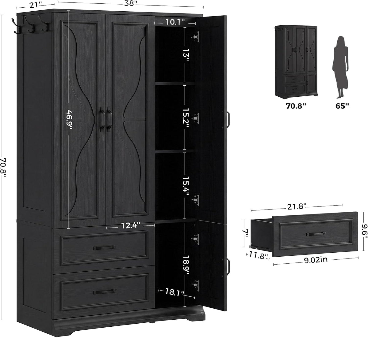 LIKIMIO Armoire Wardrobe Closet with 4 Doors and Drawers, Black