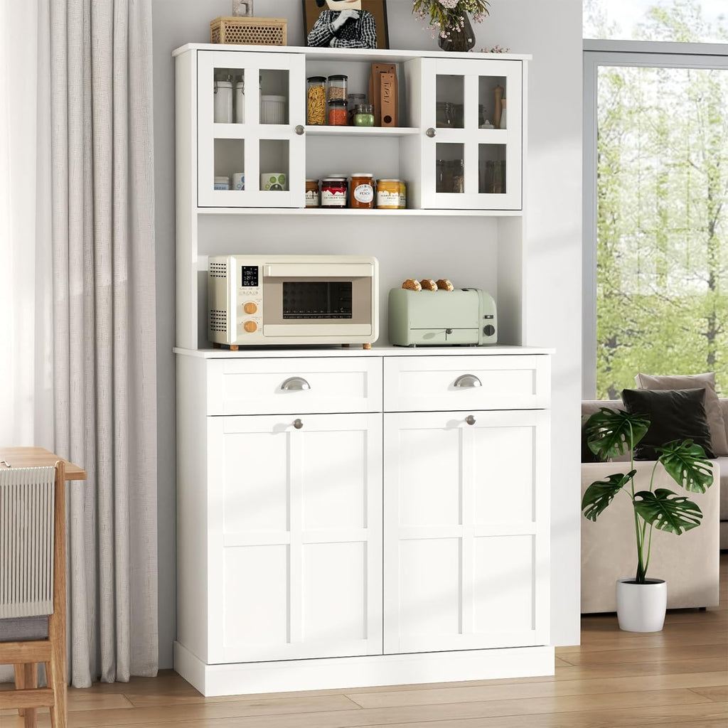 Gyfimoie Kitchen Pantry Cabinet with Double Tilt Out Trash Cabinet, 68" Tall Storage Cabinets with 2 Drawers & Hutch, 20 Gallon Hidden Trash Can Cabinets, Kitchen Cupboard with Microwave Coffee Stand