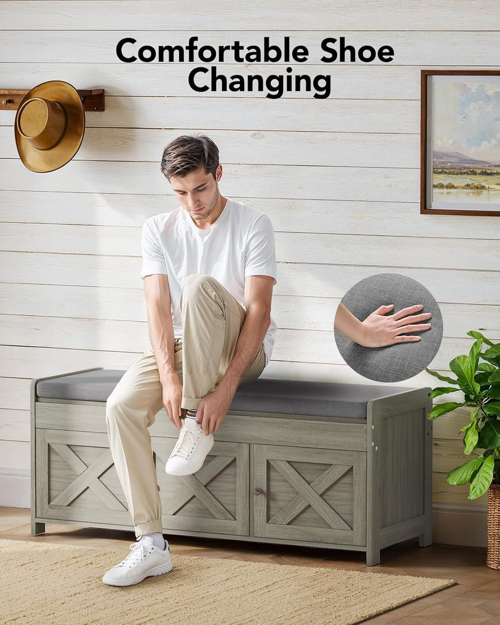 Pipishell Shoe Storage Bench, 2-Tier Shoe Bench with Cushioned Seat, Entryway Bench with Adjustable Shelf & Barn Doors, 300 lbs Capacity, 39.4" x 15" x 18", for Entryway, Bedroom, Living Room, Gray