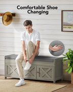 Pipishell Shoe Storage Bench, 2-Tier Shoe Bench with Cushioned Seat, Entryway Bench with Adjustable Shelf & Barn Doors, 300 lbs Capacity, 39.4" x 15" x 18", for Entryway, Bedroom, Living Room, Gray
