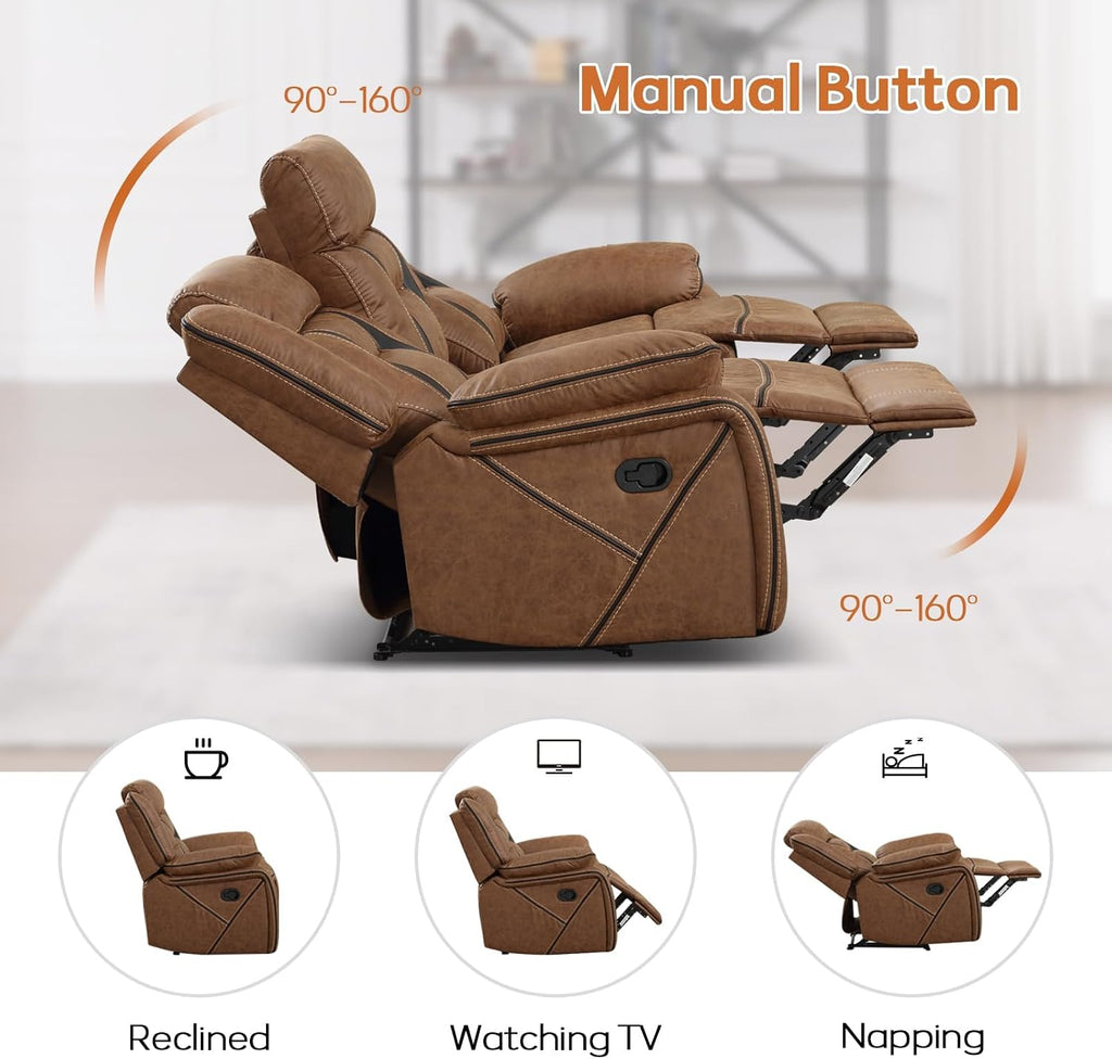EBELLO Manual Recliner Sofa Set, Faux Leather Reclining Living Room Furniture Set, Included Recliner Chair and 3 Seat Manual Recline Sofa, Brown