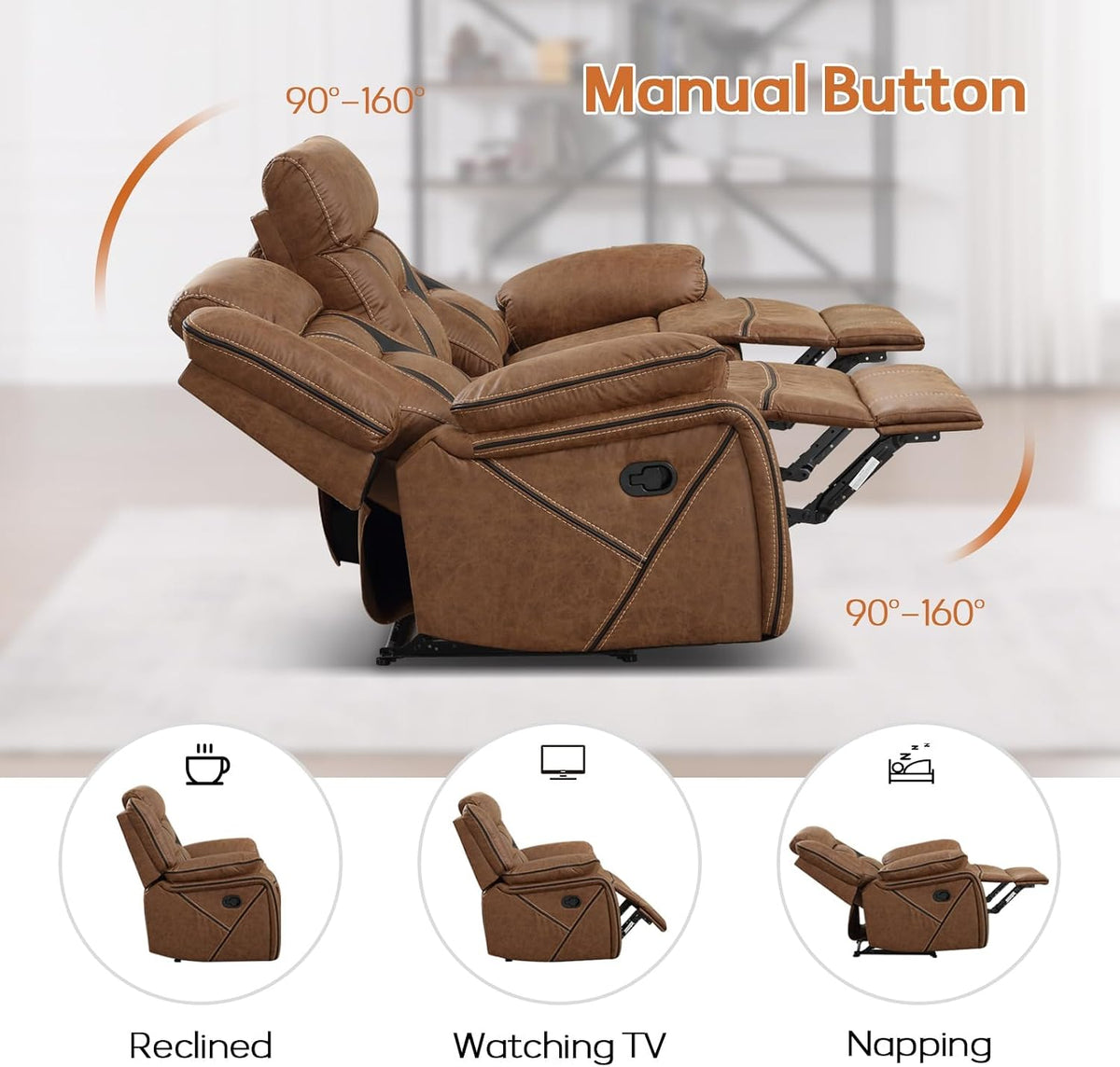 EBELLO Manual Recliner Sofa Set, Faux Leather Reclining Living Room Furniture Set, Included Recliner Chair and 3 Seat Manual Recline Sofa, Brown