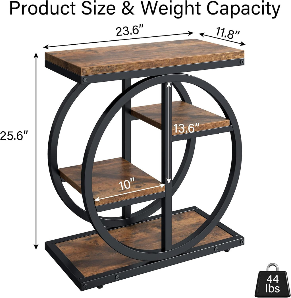 End Tables for Living Room, 4-Tier Narrow Side Table with Storage Space, Wood Slim Sofa Side Table with Geometric Metal Frame, Industrial Skinny Nightstand and Bedside Table, Rustic Brown
