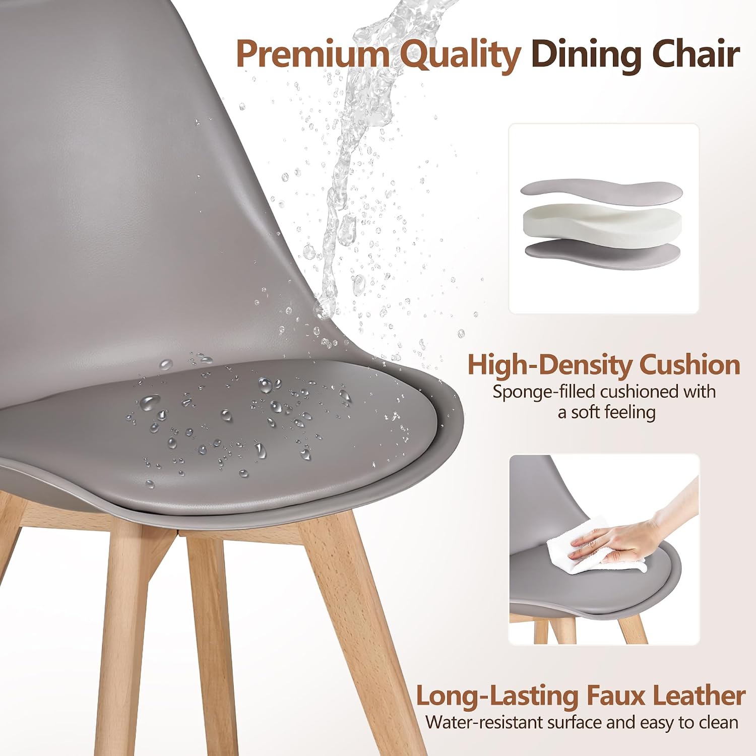 VECELO Dining Chairs Set of 4, Mid-Century Modern Kitchen & Dining Room Chairs, PU Leather Upholstered Seat, Solid Wood Legs, Armless, Non-Slip Feet, Grey