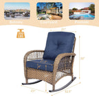 Outdoor Wicker Rocking Chair with Thickened Cushions, All-Weather Rattan Patio Rocking Chairs, Rocker Wicker Chair for Porch Garden & Backyard, Navy Blue