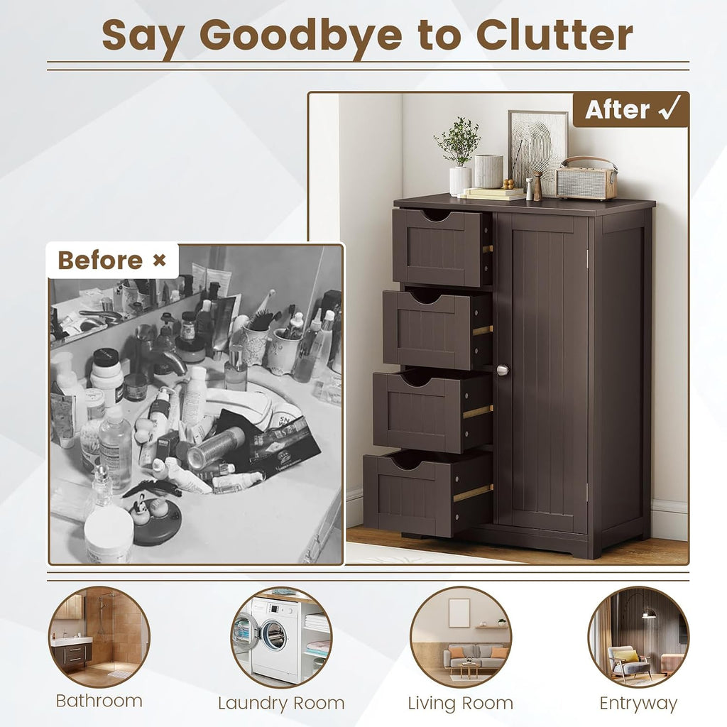 GLACER Bathroom Floor Cabinet, Multifunctional Storage Cabinet (Brown) | Wooden Side Storage Organizer | 4 Drawers & 1 Door | For Laundry Room, Living Room or Kitchen