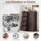 GLACER Bathroom Floor Cabinet, Multifunctional Storage Cabinet (Brown) | Wooden Side Storage Organizer | 4 Drawers & 1 Door | For Laundry Room, Living Room or Kitchen
