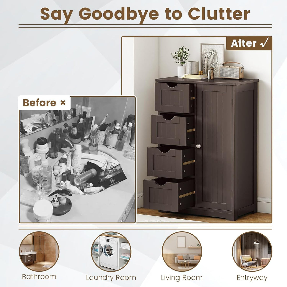 GLACER Bathroom Floor Cabinet, Multifunctional Storage Cabinet (Brown) | Wooden Side Storage Organizer | 4 Drawers & 1 Door | For Laundry Room, Living Room or Kitchen