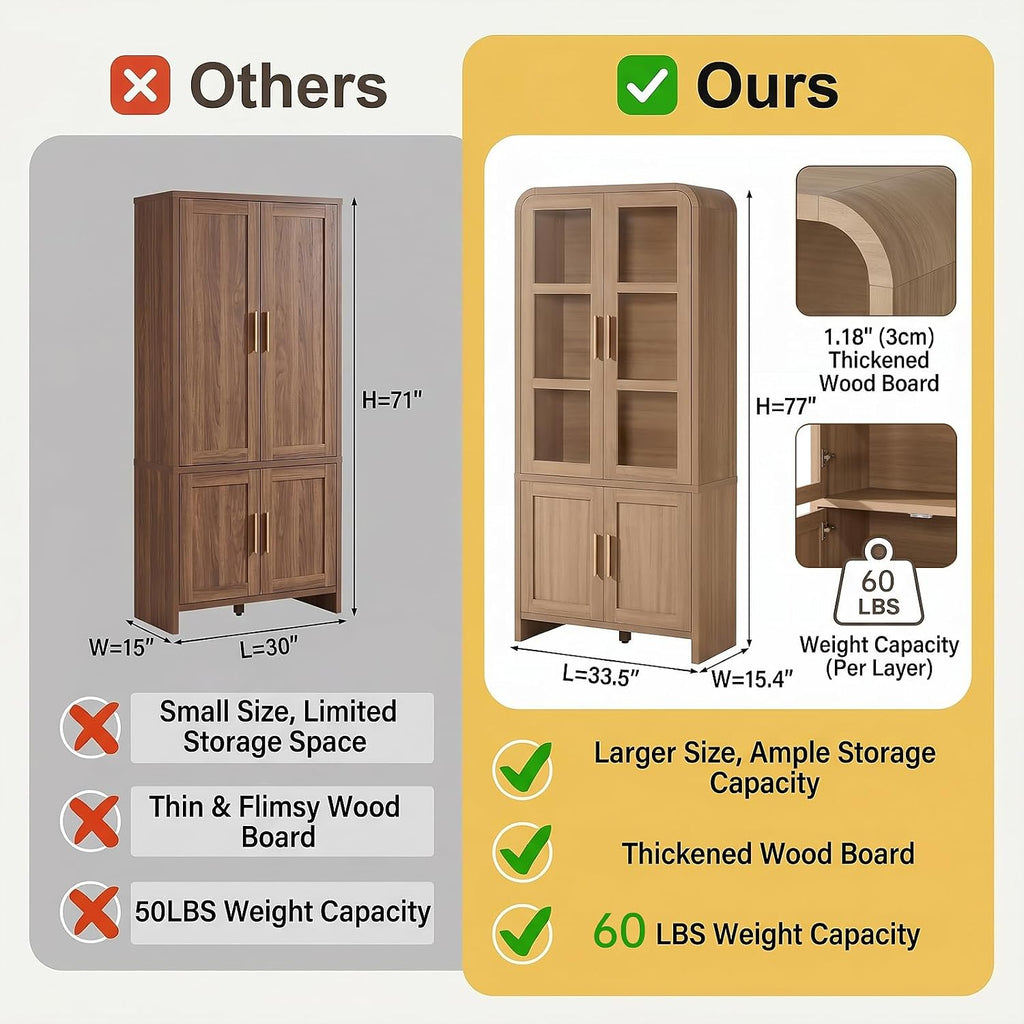 77" Tall Kitchen Pantry Cabinet,Thickened Panel,Oak,1Pcs | Wooden Curved Storage Cabinets with Adjustable Shelf, Cupboard with Glass Door for Dining Room, Living Room, Bathroom