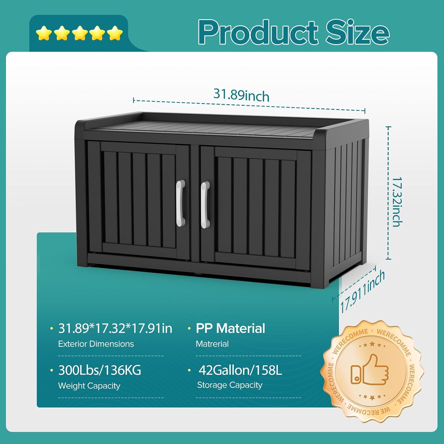 Waterproof UV-Resistant Outdoor Shoe Rack, 2-Tier Storage Cabinet Bench with 2 Doors & Adjustable Shelves, Indoor Outdoor Shoe Organizer for Entryway Hallway Living Room, Black