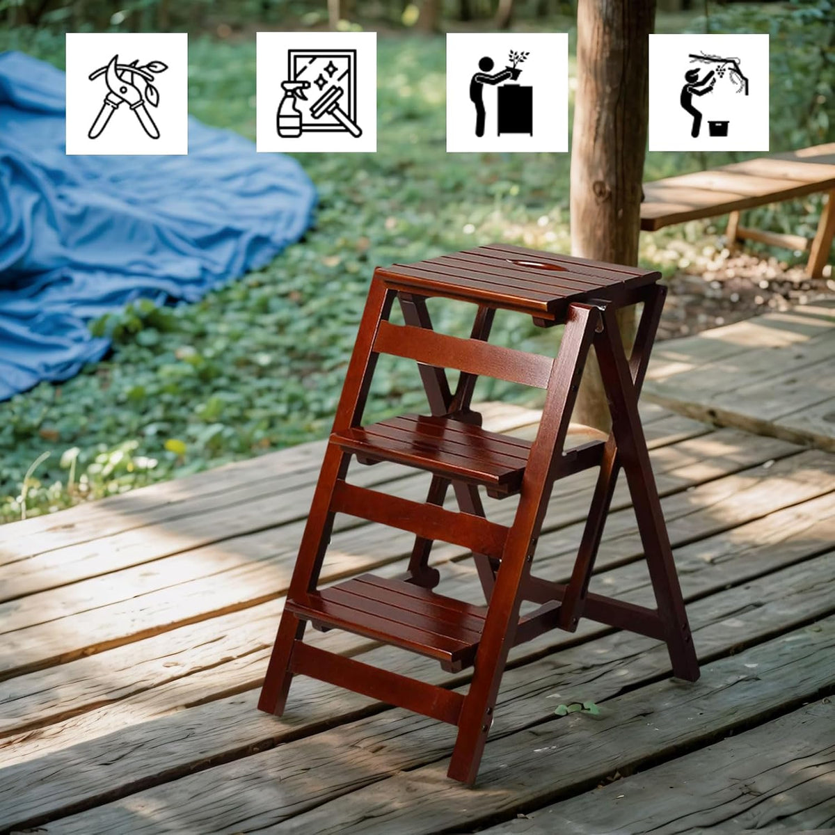 3 Step Stool Wooden Folding Ladder Chair Thickened Library Stair Chair Portable Light Garden Tool Ladder Maximum Load 337bl