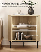 EYYTHUNG Fluted Corner Cabinet, Modern Small Corner Floor Cabinet with 2 Doors and 2-Tier Shelves, Freestanding Narrow Organizer for Living Room Kitchen Bathroom, Light Oak