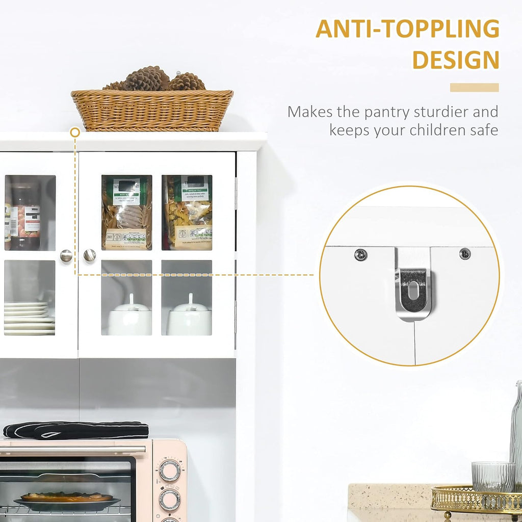 Elegant Buffet, Kitchen Pantry Storage Cabinet with Framed Glass Door Drawer and Microwave Space, White