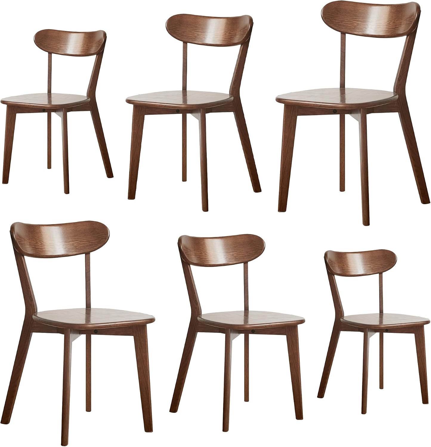 Walnut Solid Wood Dining Chairs Set of 6 – FAS-Grade North American Oak, Mid Century Modern Curved Back, 400 lbs Heavy Duty for Restaurant, Kitchen & Home