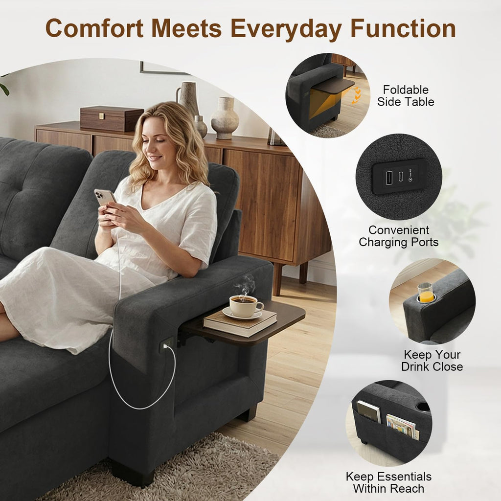 KCGKCG 82" L Shaped Sleeper Sofa Bed, Pull Out Couch Bed with Storage Chaise/Reclining Backrest, Sectional Couches for Living Room with USB Port, Foldable Table, Cup Holder, Side Pocket, Deep Grey