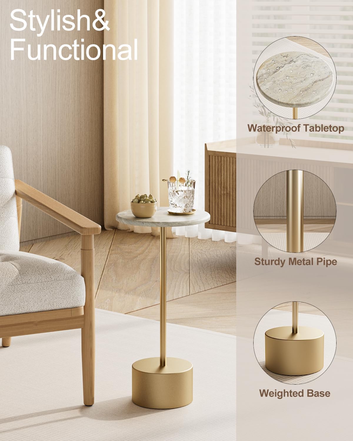 Drink Table Pedestal, Round Side Table, Drink Tables for Small Spaces, Pedestal End Table, Small Pedestal Table (Gold)