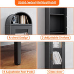 63" H Metal Arched Display Cabinet with 2 Adjustable Shelves, Arch Bookcase with 1 Glass Door for Dining Room, Living Room, Office, Bathroom, Assembly Required (Black)